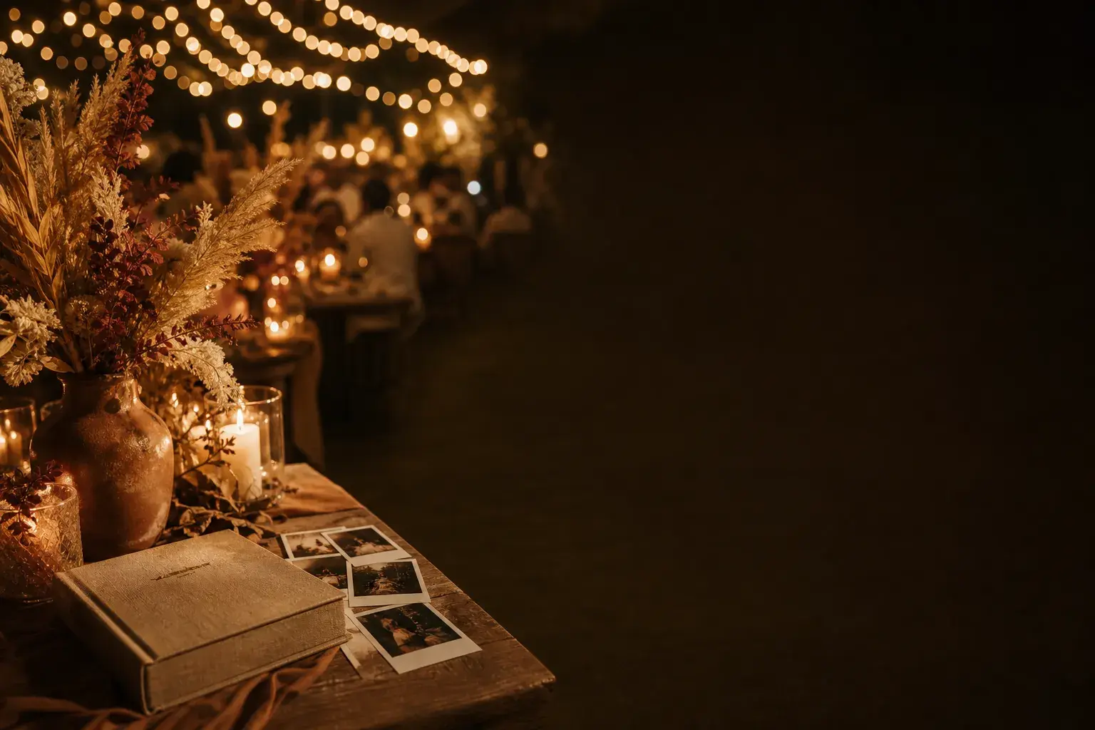 Convidados celebrando um casamento à noite, com luzes quentes e flores na mesa