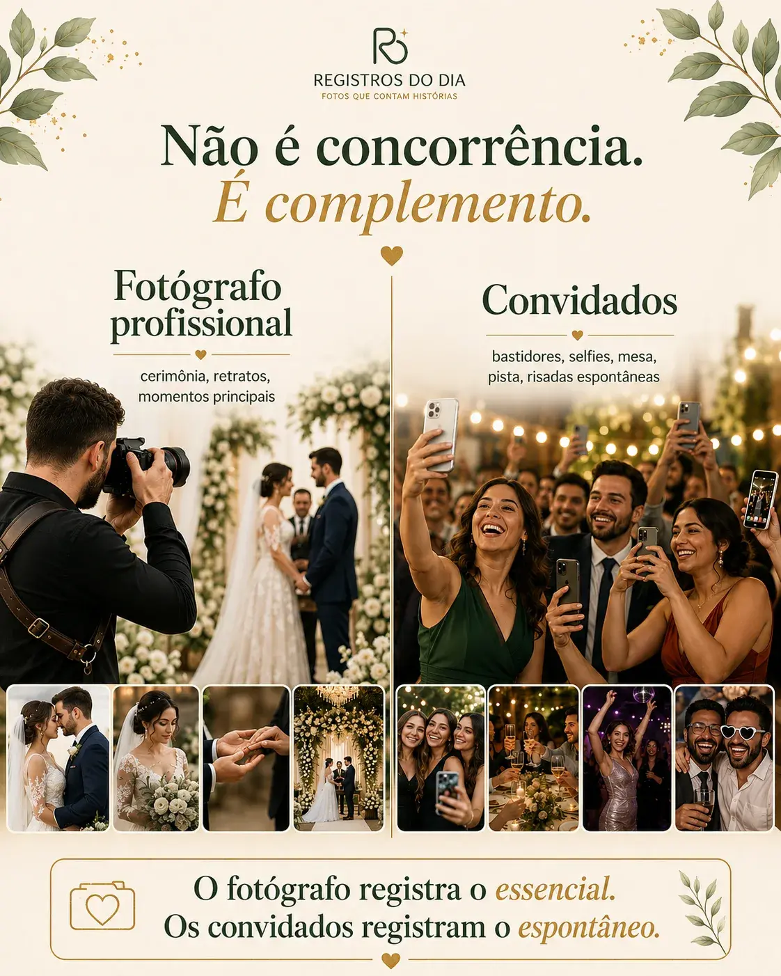 Comparação entre fotógrafo profissional e fotos espontâneas dos convidados no casamento.