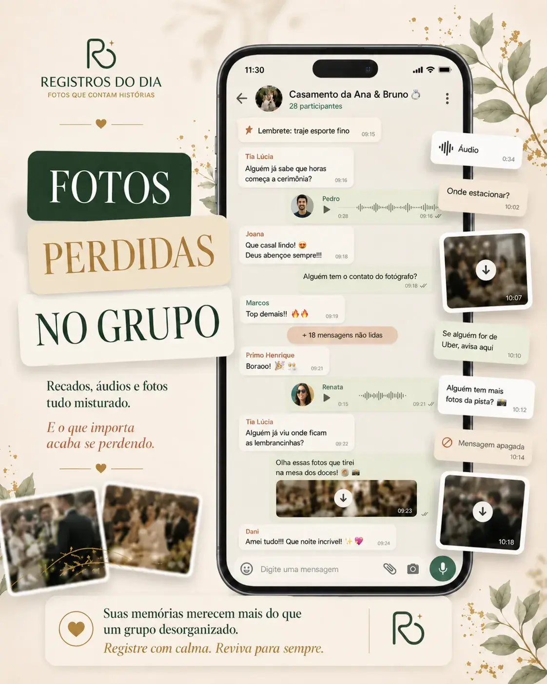 Grupo de mensagens de casamento com fotos perdidas entre recados, áudios e mensagens.